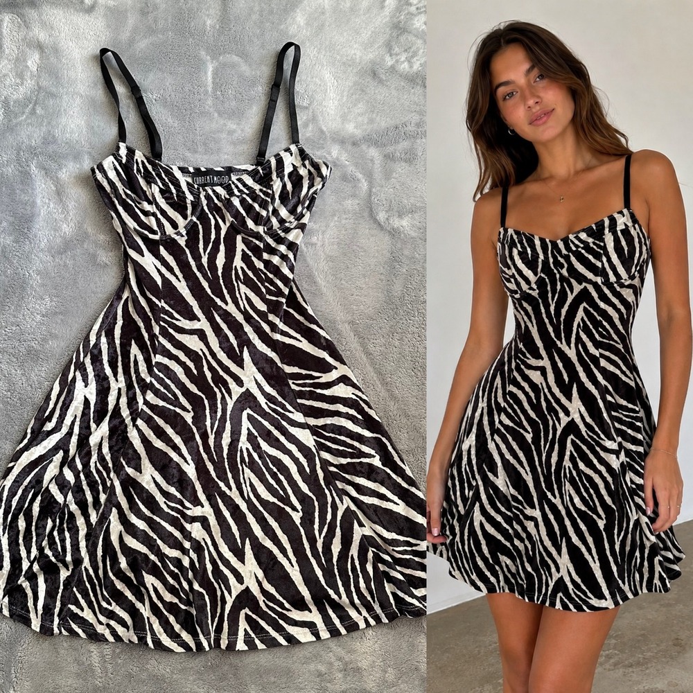 Current Mood Zebra Print Velvet Mini Dress Underwire Bust Womens Size Small